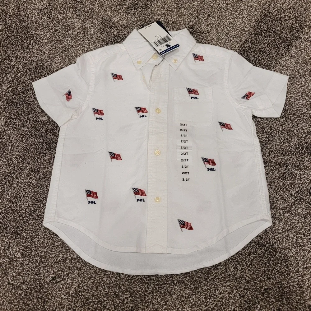Ralph Lauren Toddler Boys White American Flag Embroidered Oxford Shirt 2T NEW